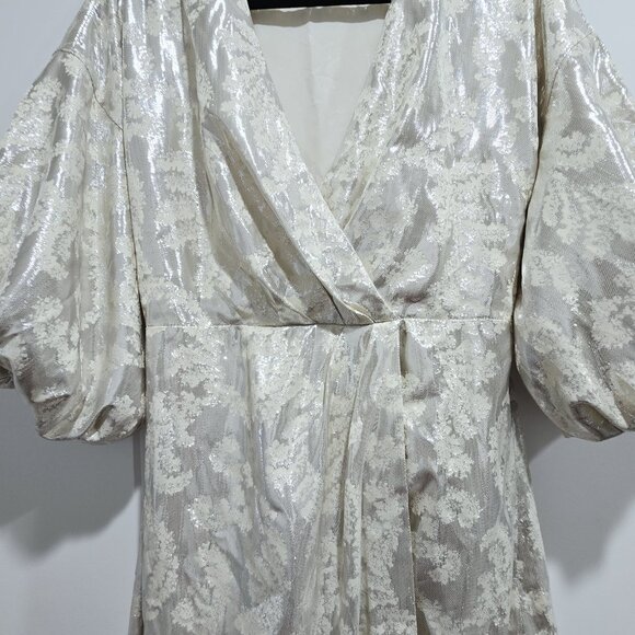 Tanya Taylor - 4 Ivory Mettalic Floral Puff Sleeves Midi Dress - Picture 4 of 8